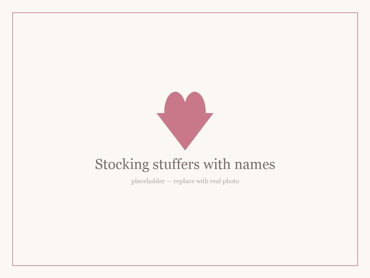 Small embroidered cosmetic pouches with names, arranged as personalized stocking stuffers